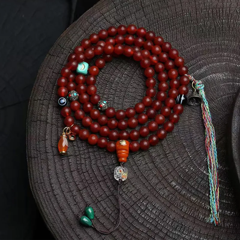 Natural Western Zhou Agate Red Bead Necklace South Red Heavenly Eye HeavenlyBeadGlass Accessories Cultured Buddhist Prayer Beads