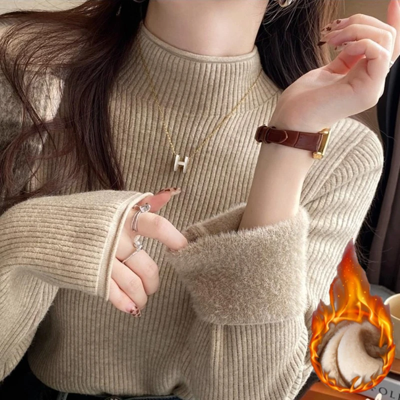 

Korean Style Simple Base Layer Pullover One-piece Velvet Turtleneck Thicken Sweater Women's Warm Knitted Bottoming Slim Jumper