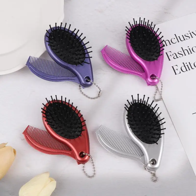 Feature Trendy Air Cushion Comb 3-in-1 Portable Hair Brush With Mirror And Flat Top Comb Foldable Dual-Use Massage