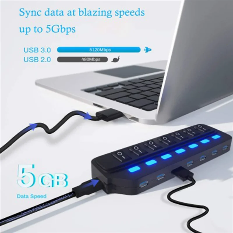 USB Hub 2.0 USB Splitter Multi Hub محول USB متعدد المنافذ محول الطاقة مع ملحقات التبديل للكمبيوتر المحمول، أبيض