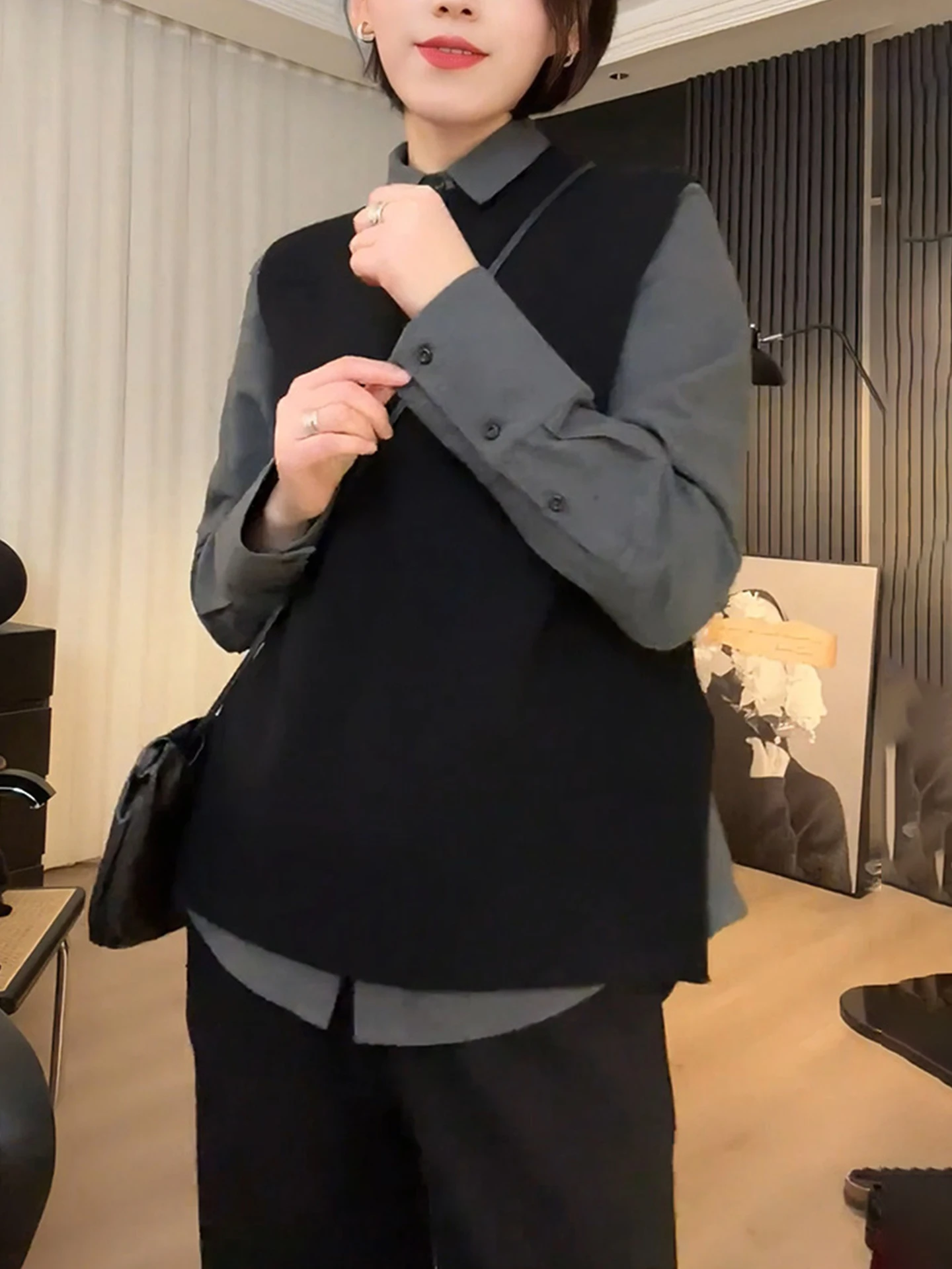 Wszechstronna dzianinowa kamizelka codzienna, okrągły dekolt, bez zakładania, jesienna moda, elegancki wygląd, damska bluzka do pracy.