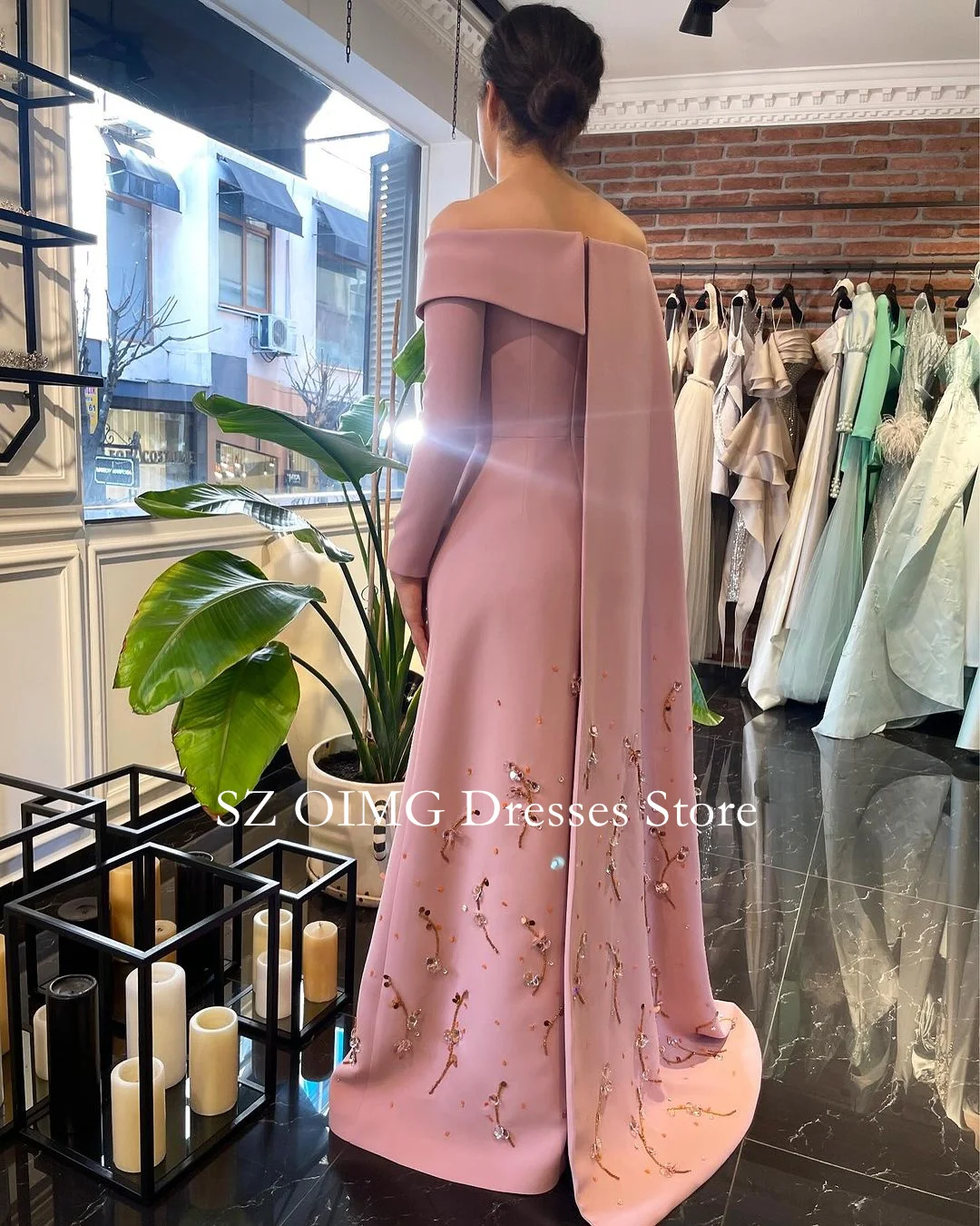 OIMG Off the Shoulder Crepe Satin Women Vintage Modest Prom Dresses Long Sleeves Beading Evening Gowns 2024 Formal Party Dress