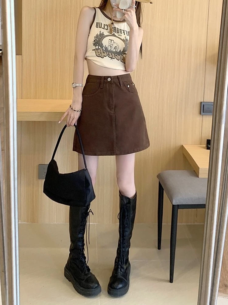 

Модная короткая джинсовая юбка А-силуэта с высокой талией в стиле французского ретро, коричневая, для женщин, летняя, для миниатюрных девушек