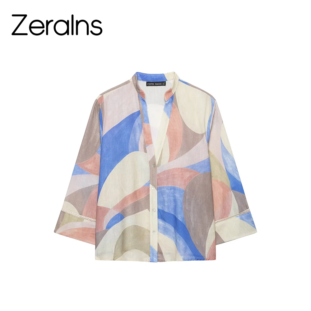 ZERAINS European and American style women's autumn new item lace decoration printed shirt wide leg pants set