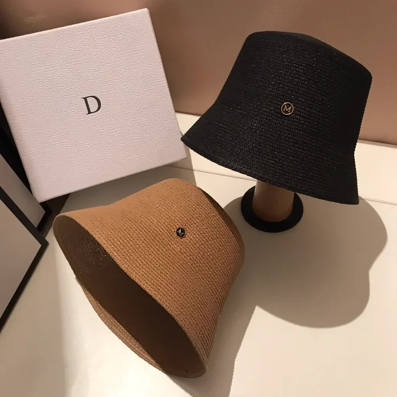 日本人デザイナー M わら織り帽子夏カジュアル旅行日焼け止めスリムフェイス太陽の帽子女性の高級シンプルなバケツ帽子パナマ