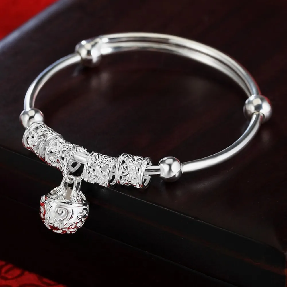 925 Sterling Silver hollow Bells ball bangles adjustable Bracelets for Women Fashion Holiday gifts Party wedding Jewelry