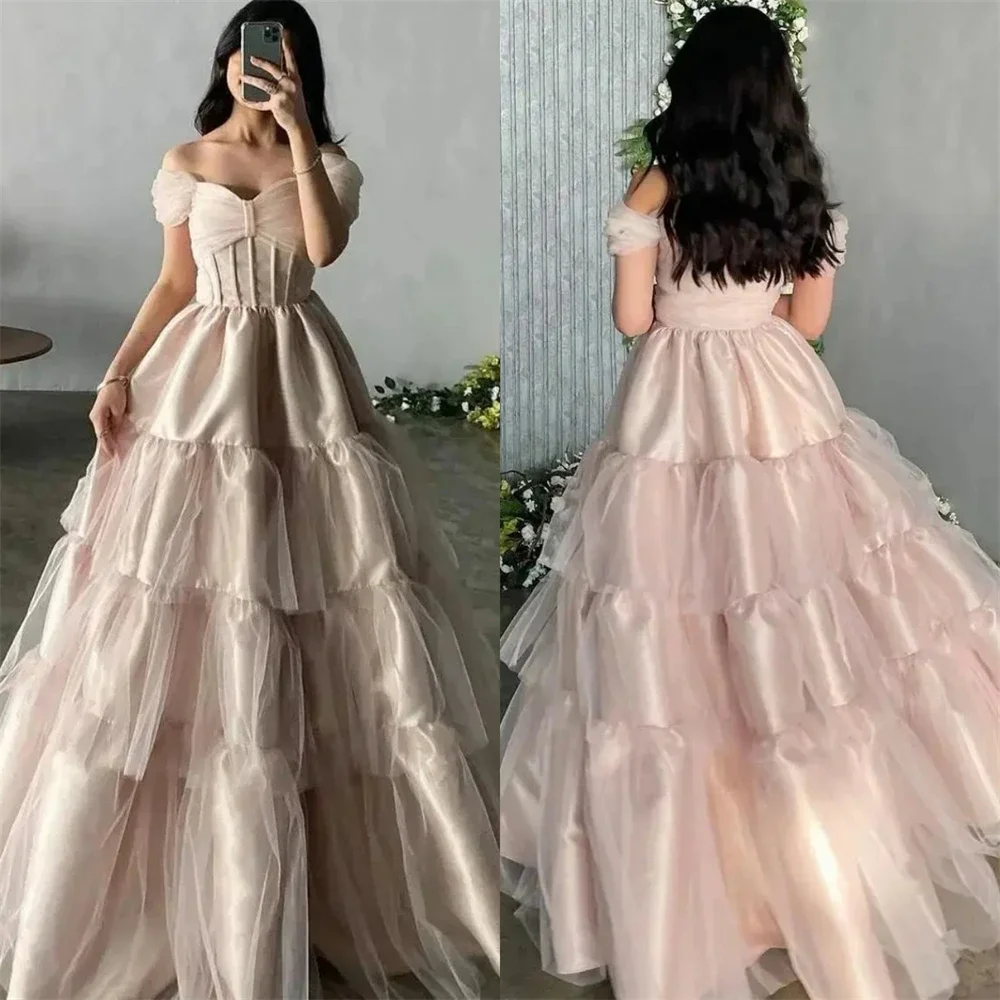 

Prom Dresses Exquisite Off shoulder Ball Gown Quinceane Layered Fold Satin Occasion Evening birthday dress for women