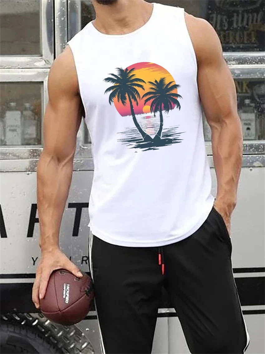 

Pop Men's Summer Leisure Sports Fitness Loose Sunset Coconut Tree Pattern Printed Comfortable Breathable Round Neck Sleeveless T