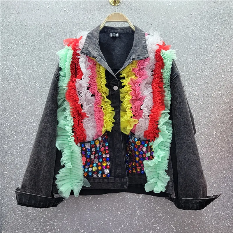 

Multicolour Mesh Splicing Diamonds Big Pocket Denim Jacket Women Loose Short Cowboy Outerwear Streetwear Jeans Jackets Female