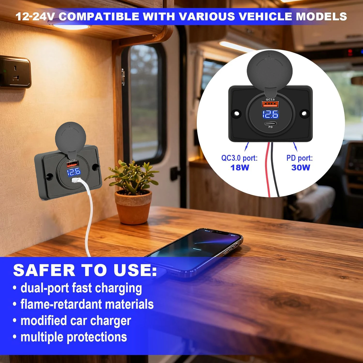 2Ports PD QC 3.0 USB Car Charger with Sliding Cap Fast Charging Socket Power Outlet Adapter Waterproof for 12V/24V Car Boat