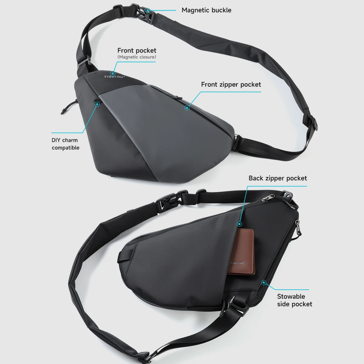 Tigernu Men Waterproof Crossbody Sling Bag Magnetic Buckle Multi Pocket Chest Bag For Travel Daily Commute