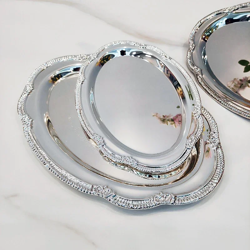 European-Style Silver-Plated Metal Plate Afternoon Tea Fruit Cake Decorative Tray Baking Wedding Dessert Table Vintage Ornament