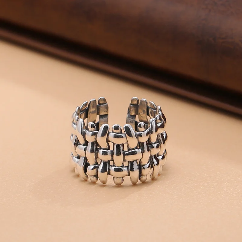 

S925 silver braided ring for men and women creative fence thai silver ring niche silver ring retro jewelry