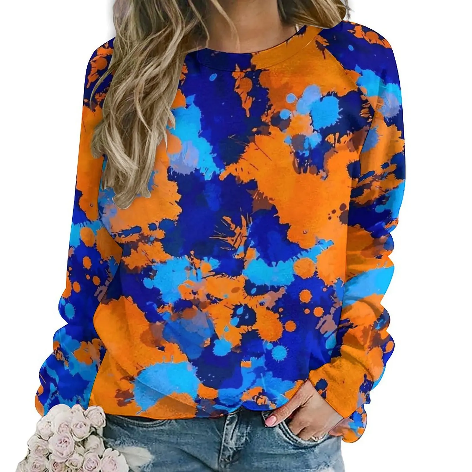 

Blue And Orange Graffiti Hoodies Paint Splatter Streetwear Oversized Hoodie Woman Long-Sleeve Elegant Design Casual Top