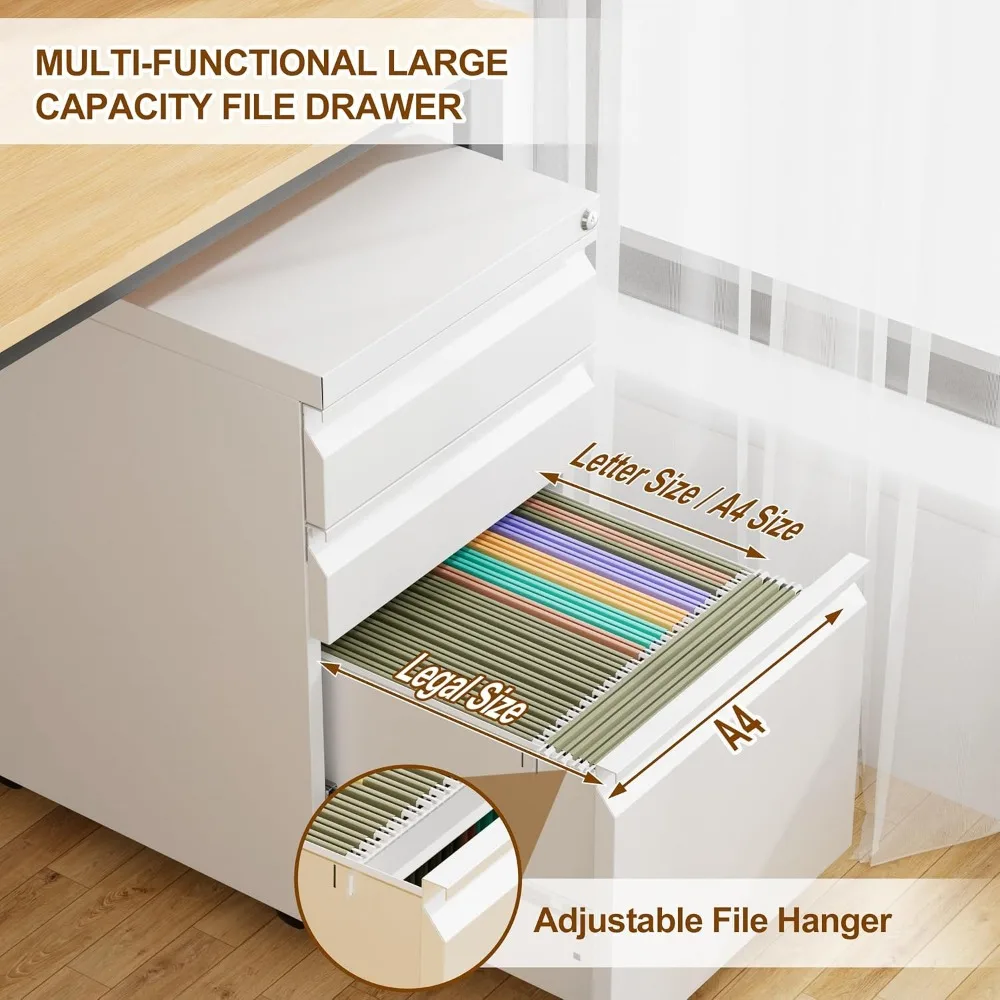 خزانة ملفات متنقلة قابلة للقفل بثلاثة أدراج للمكتب المنزلي، حل تخزين تحت المكتب مع 4 مفاتيح