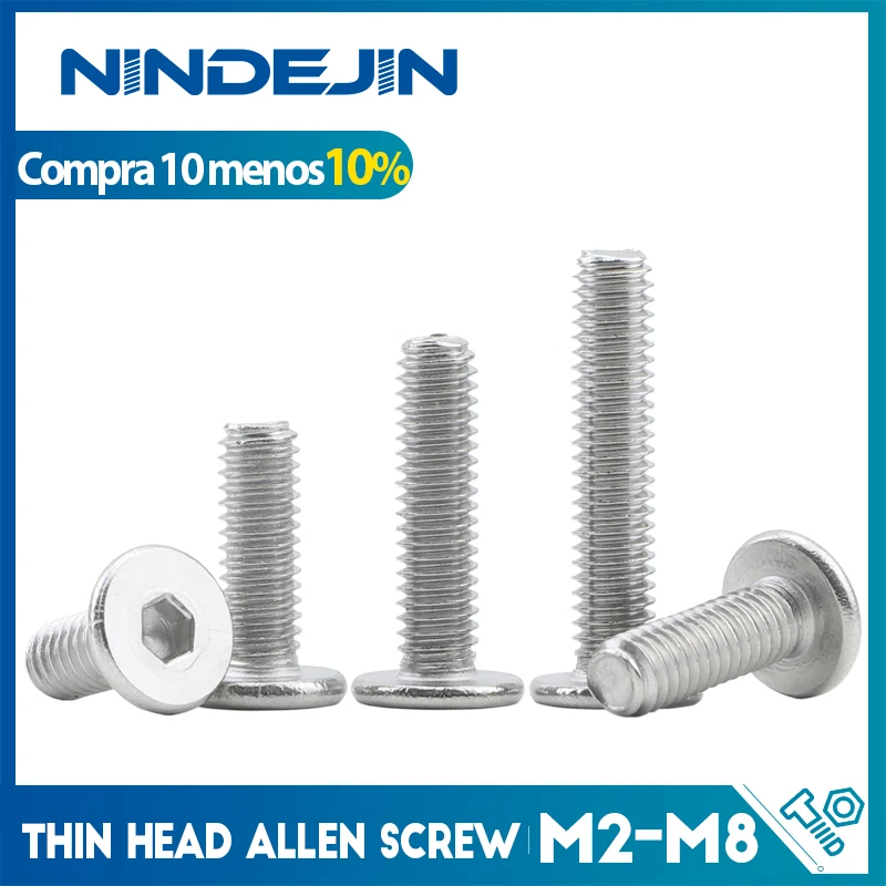 Nindejin soquete hexagonal ultra fino parafuso de cabeça baixa aço inoxidável m2 m2.5 m3 m4 m5 m6 m8 cm parafuso de cabeça de wafer allen plano