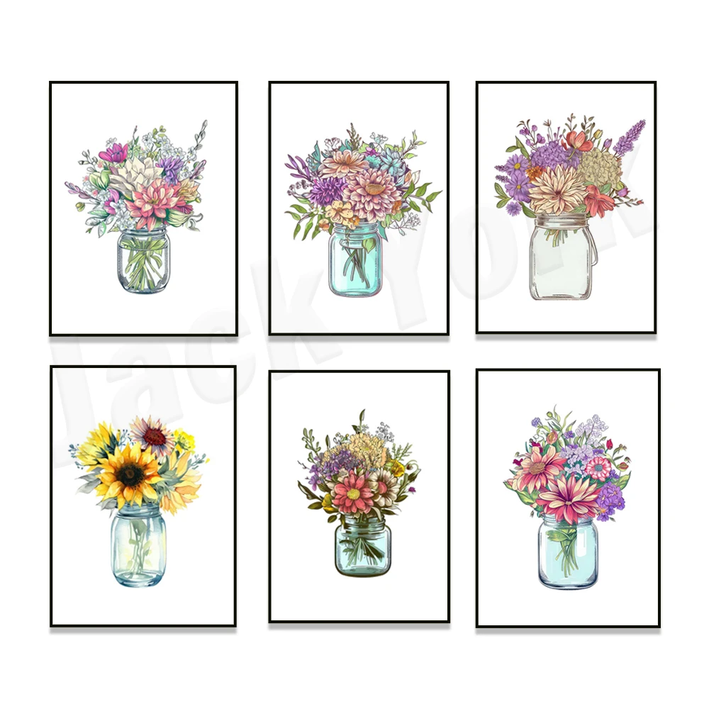Eternal bloom in glass, mason jar floral art, colorful floral mason jar flower arrangement art, mason jar sunflower poster
