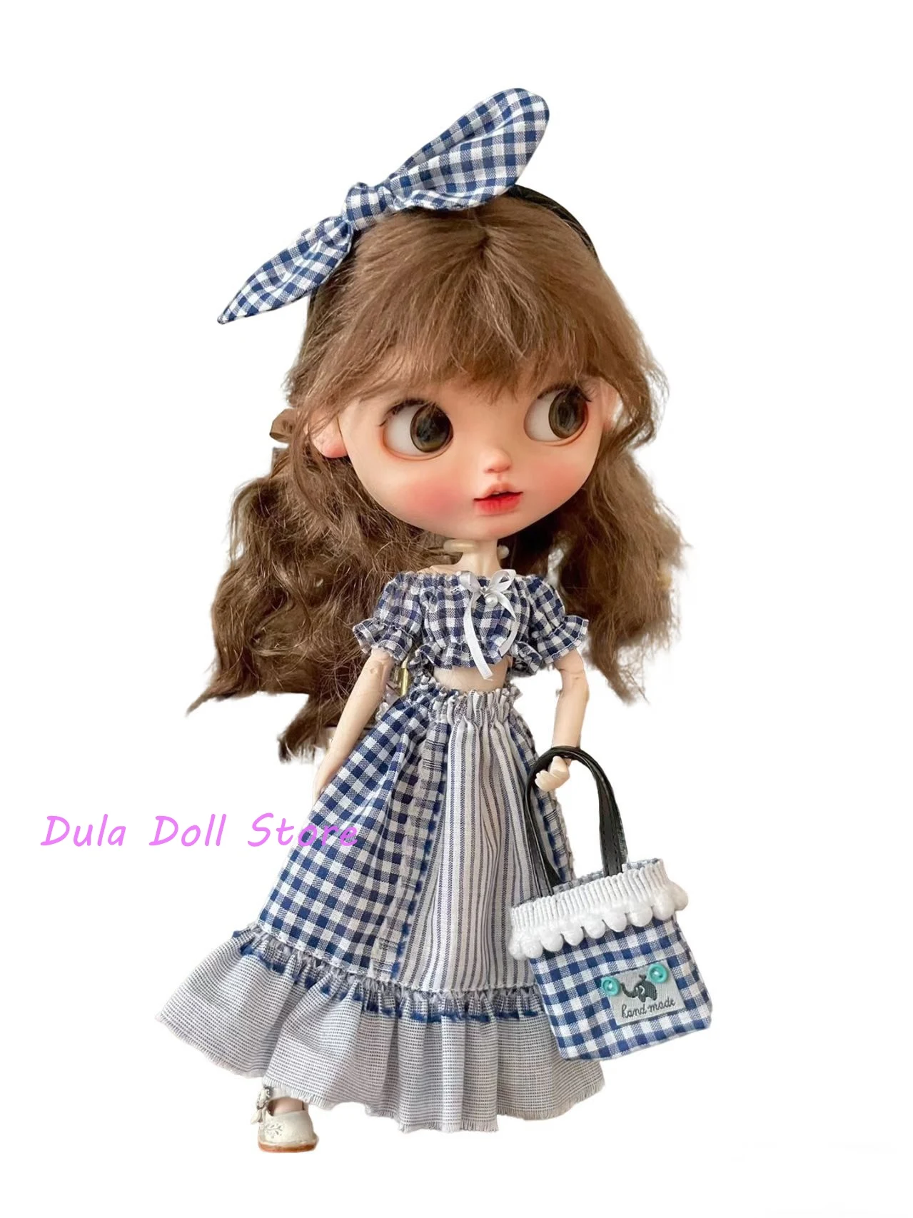 

Одежда для кукол Dula: синий клетчатый топ и юбка с повязкой на голову для Blythe 2026, ob24, ob22, Diandian, Azone 1/6. Аксессуары для кукол.