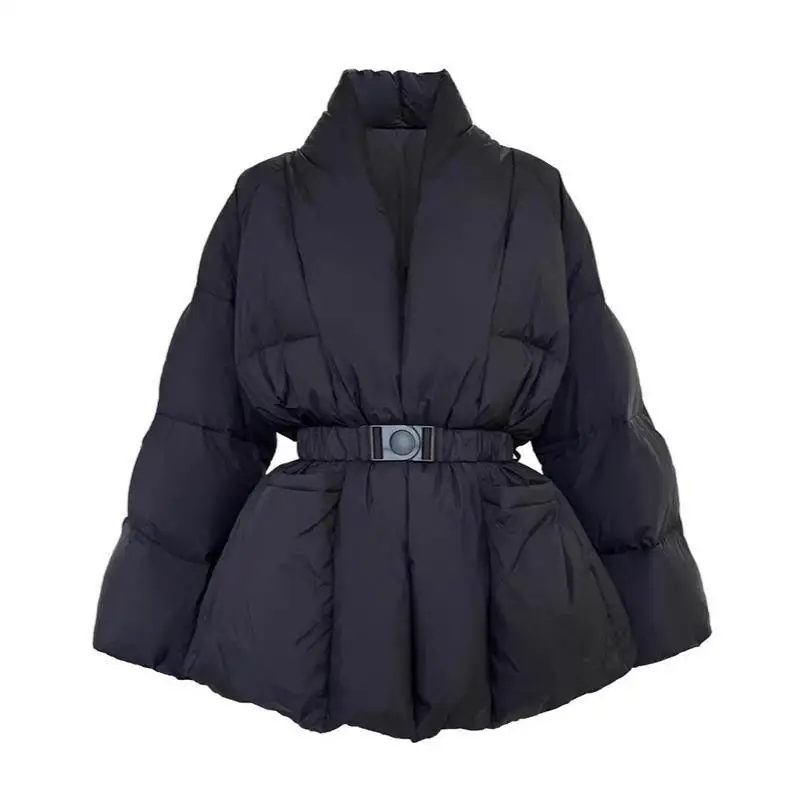 

New Chinese Style Black Waist Cinched Cotton Jacket for Women in Winter 2025, Featuring a Casual Design and a Medium Length Slim