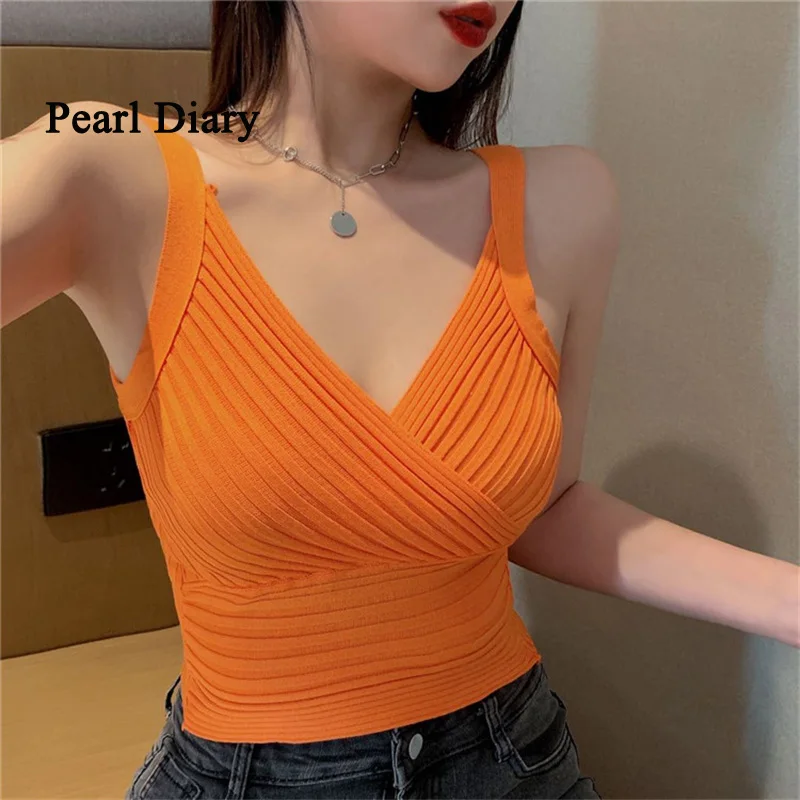 

Pearl Diary Summer Retro Rib Tank Tops V Neck Knitting Sleeveless Women Tops Solid Color Thin Sexy Skinny Chic Tops