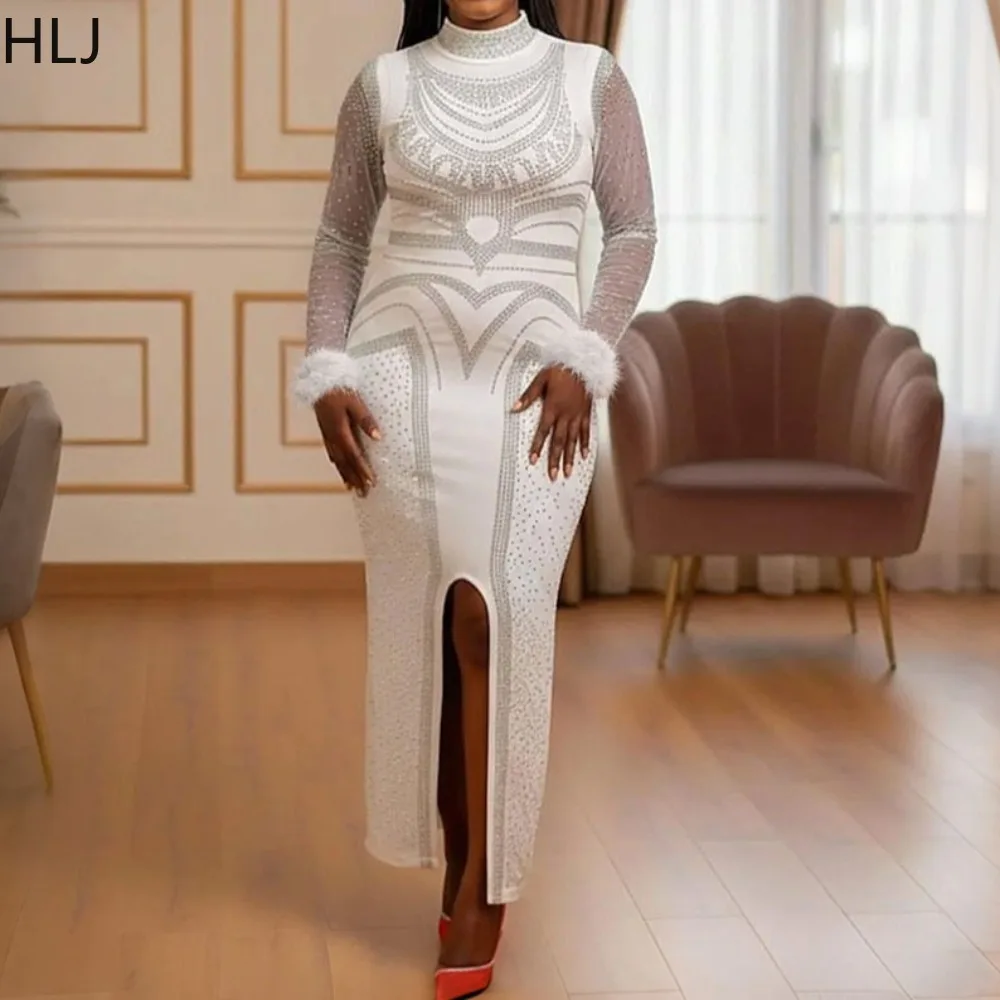 

HLJ Sexy Rhinestone Patchwork Bodycon Dresses for Woman Round Neck Long Sleeves Fur Dress Female Party Clubwear Vestidos New