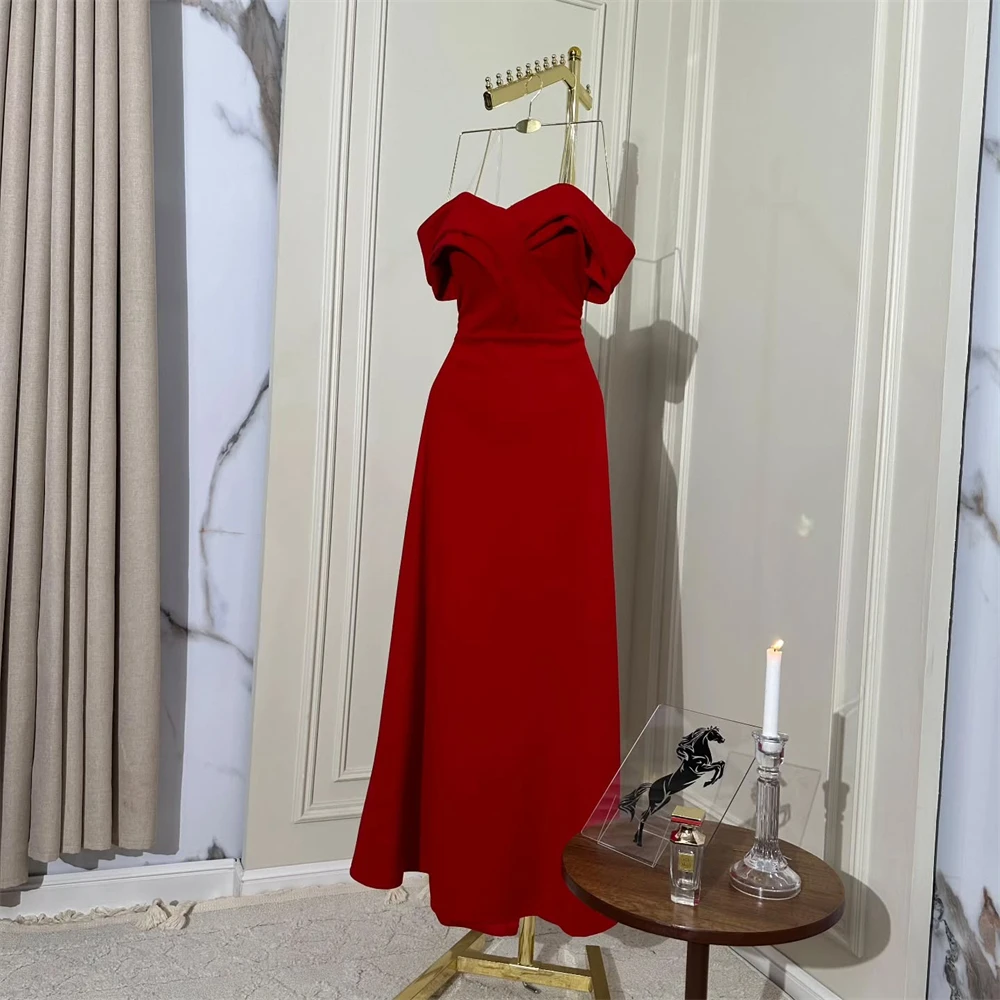 Customized Evening Dress Classic Red Jersey Strapless Off the Shoulder Sleeveless Prom Gowns Straight Ankle Length Party Dresses