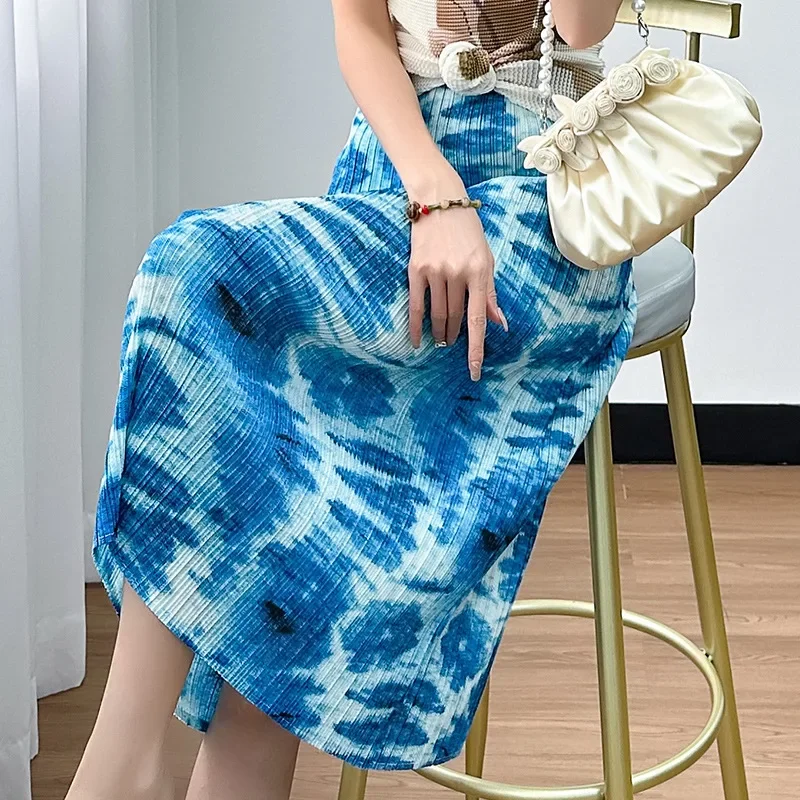 

Miyake Pleated Skirt Women's 2024 Summer New Style High-waisted Temperament Slimming Slit Fashionable Mid-length Printed Skirt