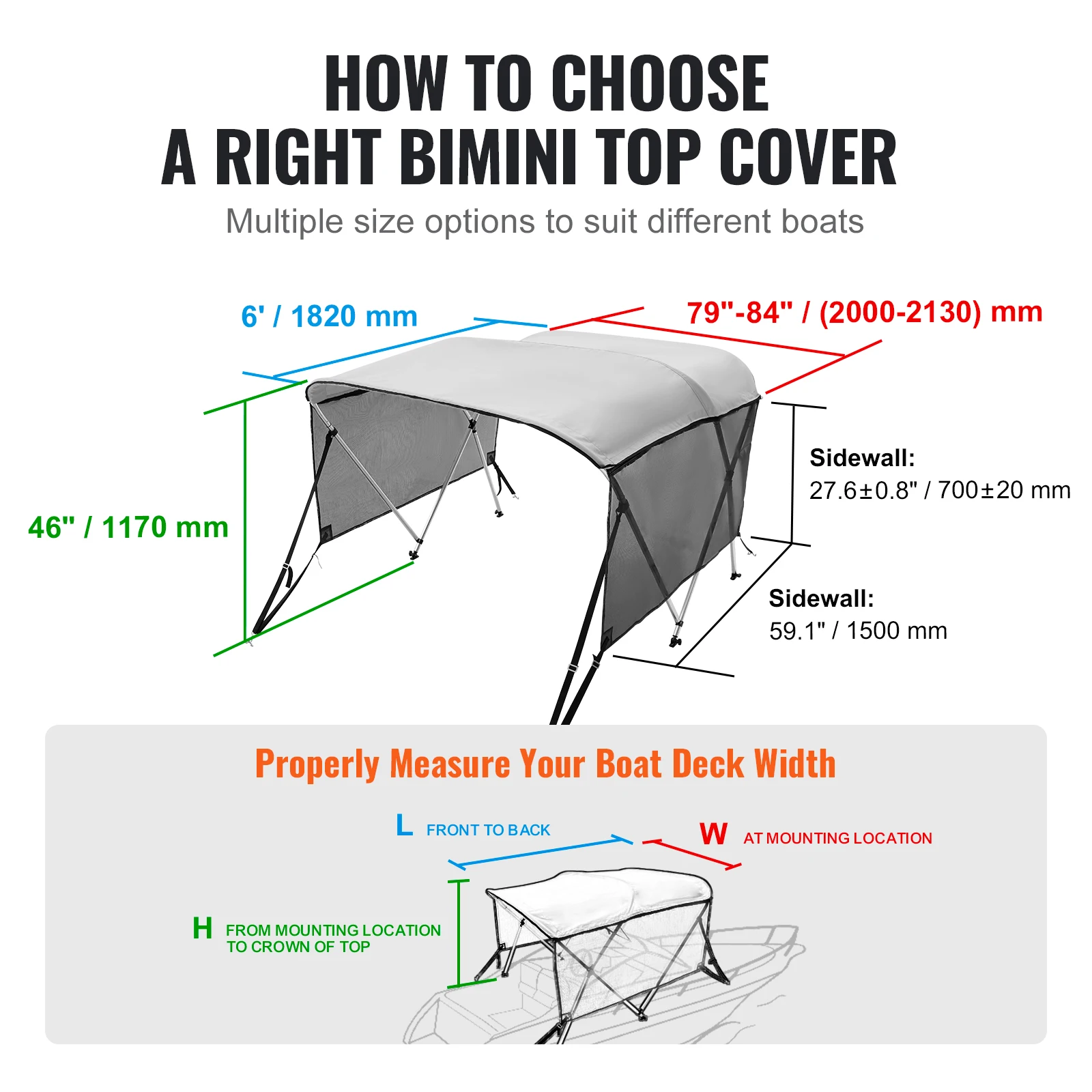 VEVOR 3 Bow Bimini Top Boat Cover, Detachable Mesh Sidewalls, 600D Polyester Canopy with 1\