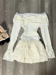 Autumn France Sweet Lace 2-piece Set Women Design Fashion Slim Thin Long Sleeve Off Shoulder Tops + High Waist Solid Skirt Suit