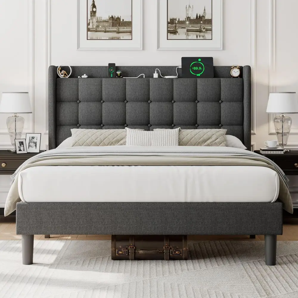 

Queen Bed Frame with Charging amp Storage, Upholstered Platform Bed with Button Tufted Wingback Headboard, HeavyDuty Foundation