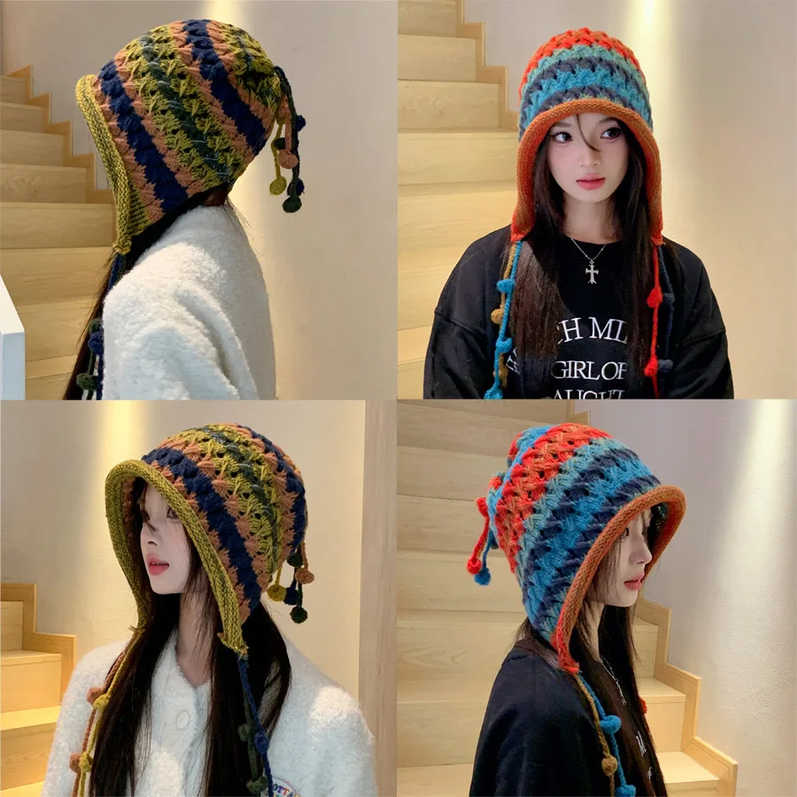 Autumn Knitted Beanie Women Tassel Ball Knitted Hat Stripe Ear Protection Rainbow Knitted Beanie Windbreak Winter Bomber Hat