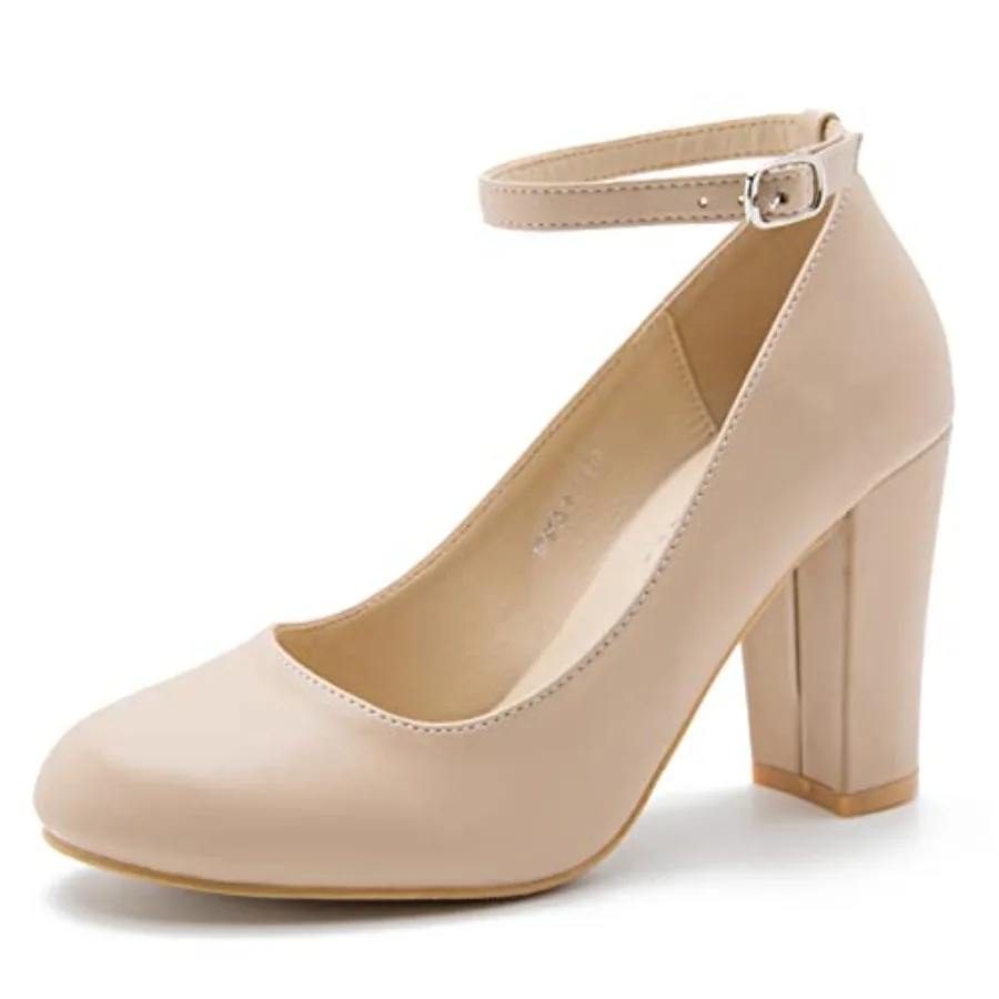 

Women's Block High Heel Pumps with Ankle Strap, Round Toe, Classic Style