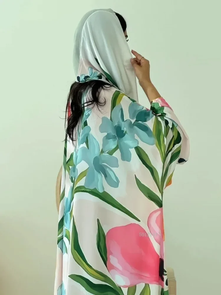 Dubai Floral Print Open Abaya Muslim Elegant Casual Kaftans Hijab included Cardigan 4