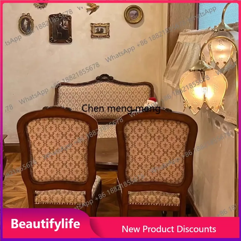 

a38 French retro solid wood sofa living room small apartment straight three-person fabric sofa villa