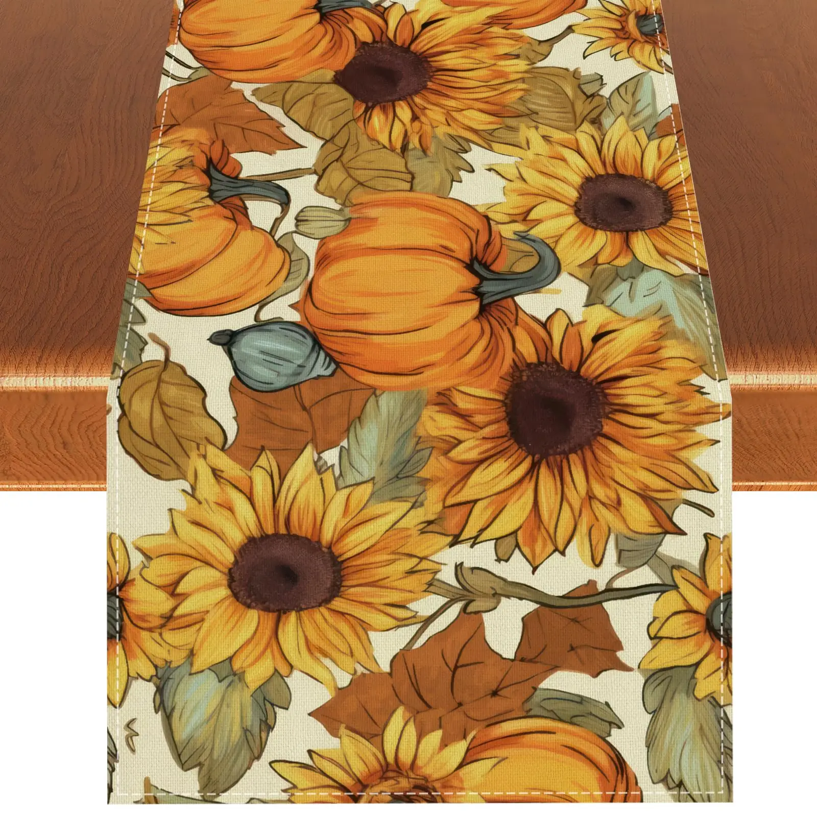 VIKAMA Tischläufer – Aquarell-Kürbis- und Sonnenblumen-Herbst-Tischdecke – Bauernhaus-Herbst-Erntedankfest-Heimdekoration