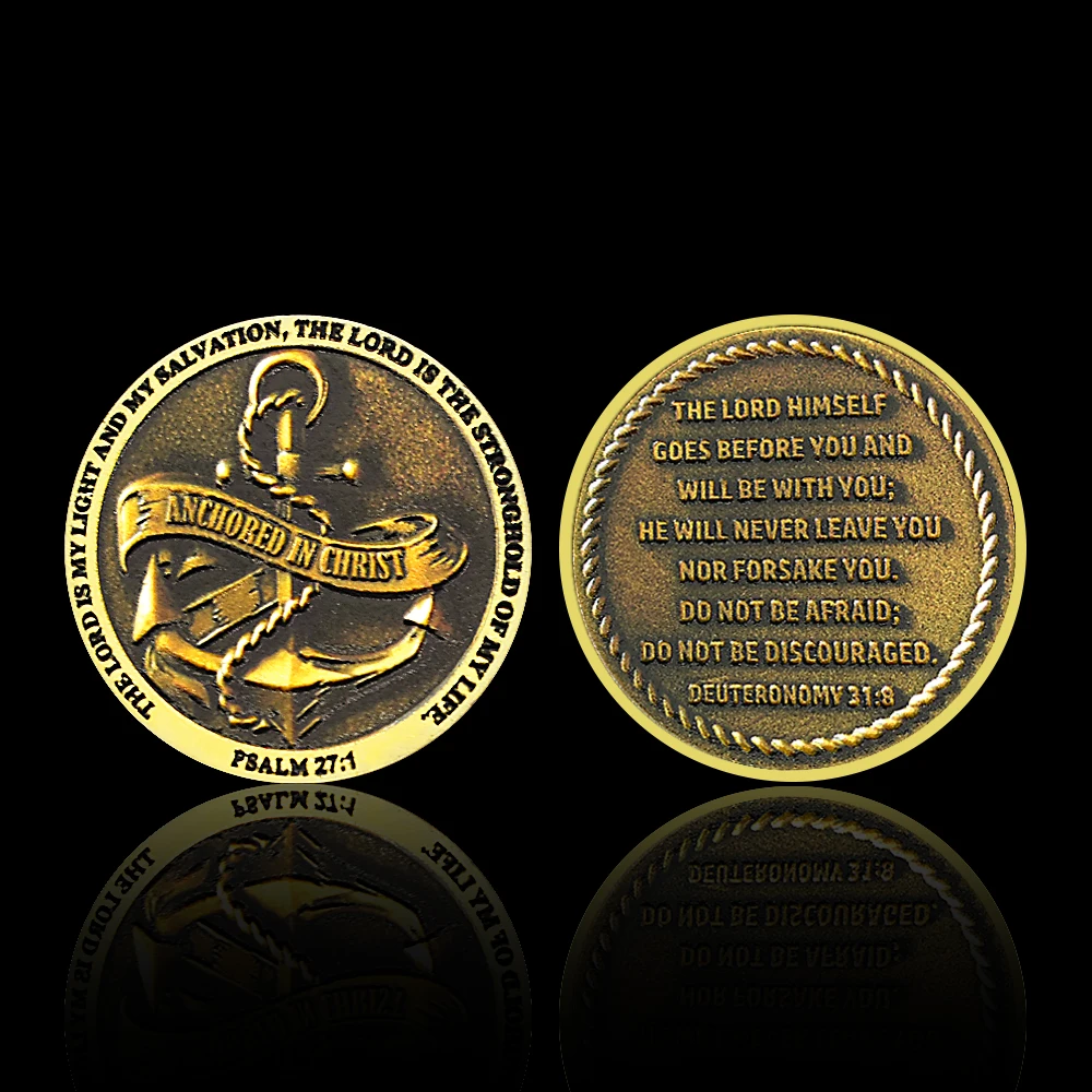 Christian Scripture Commemorative Coin, Inspirational Anchored in Christ Psalm 27:1 Deuteronomy 31:8, Religious replica Gift