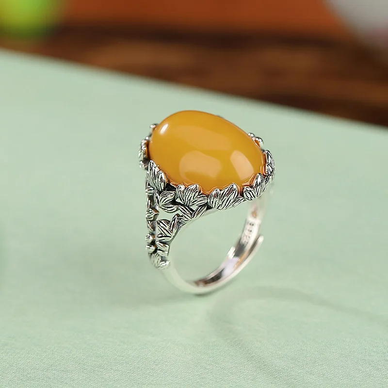 S925 Sterling Amber Surface Lace Elegant Leaf Hollow Silver Ring