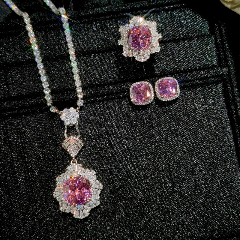 

Square Pillow Shape Cut Pink Zircon Necklace Earrings Ring Set for Women High-end Date Gift
