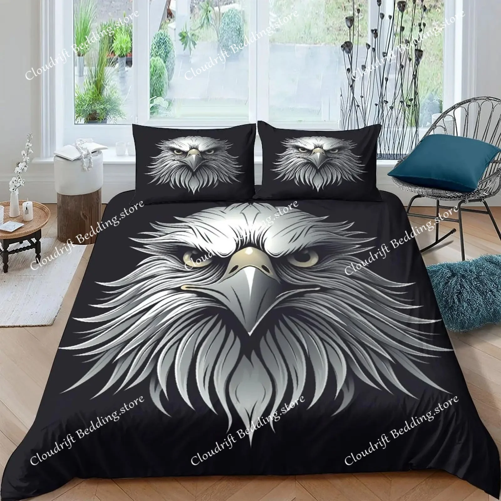3D Eagle Duvet Cover, Dirt Bike Bedding Set For Kids Teens Adult Room Decor, Motocross Animals Black Printed Comforter Covers