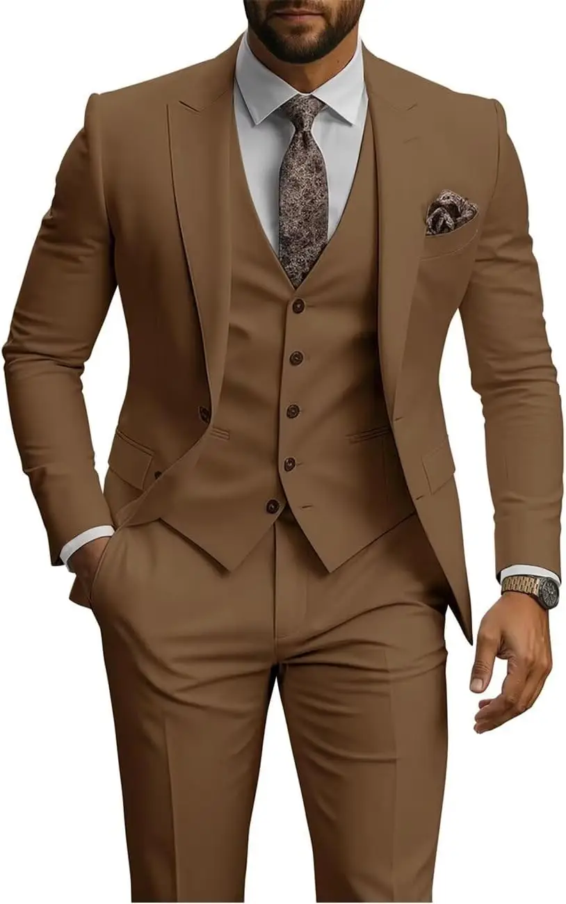 3 Piece Slim Fit Suits for Men Classic 2 Button Prom Suits Men Peak Lapel Wedding Groomsmen Blazer Vest Pants Sets