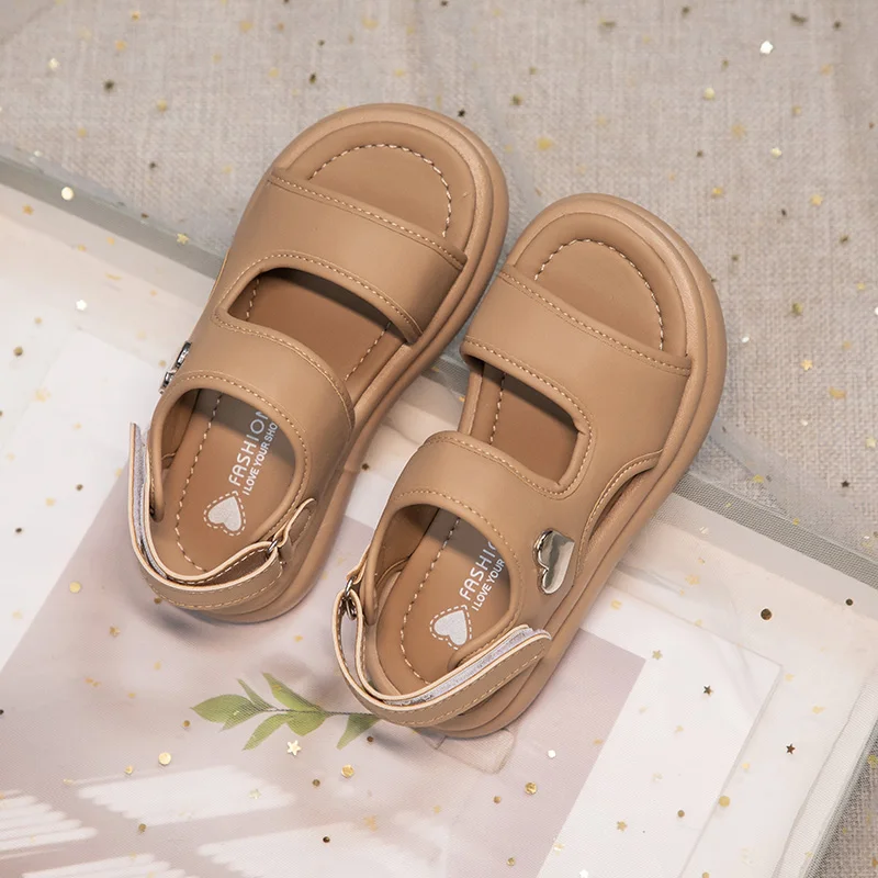 Girls Casual Sandals Open Toe Chiildren Summer Beach Shoes Kids Leather Sandals Simple Anti-Slippery All Match 2024 Summer New