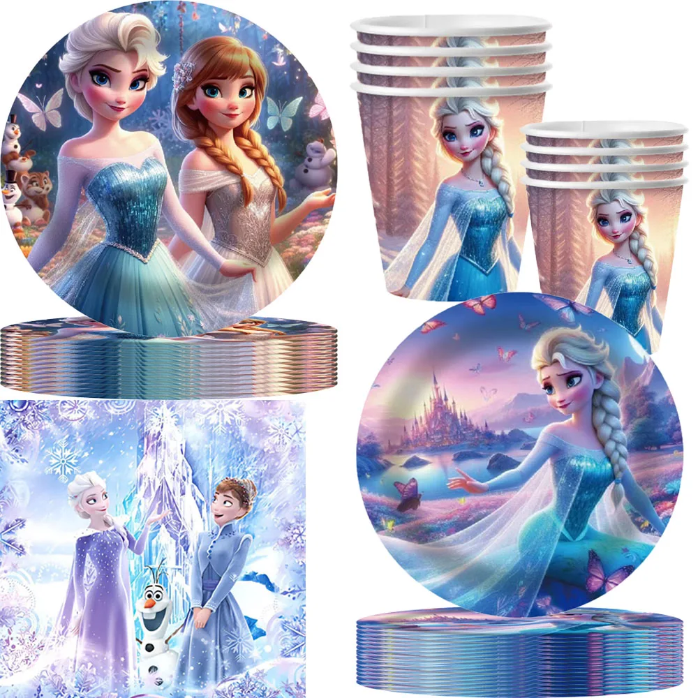 New Disney Elsa Anna Frozen Party Supplies Paper Cups Paper Plate Tablecloths Kids Girls Snow Queen Birthday Party Decoration