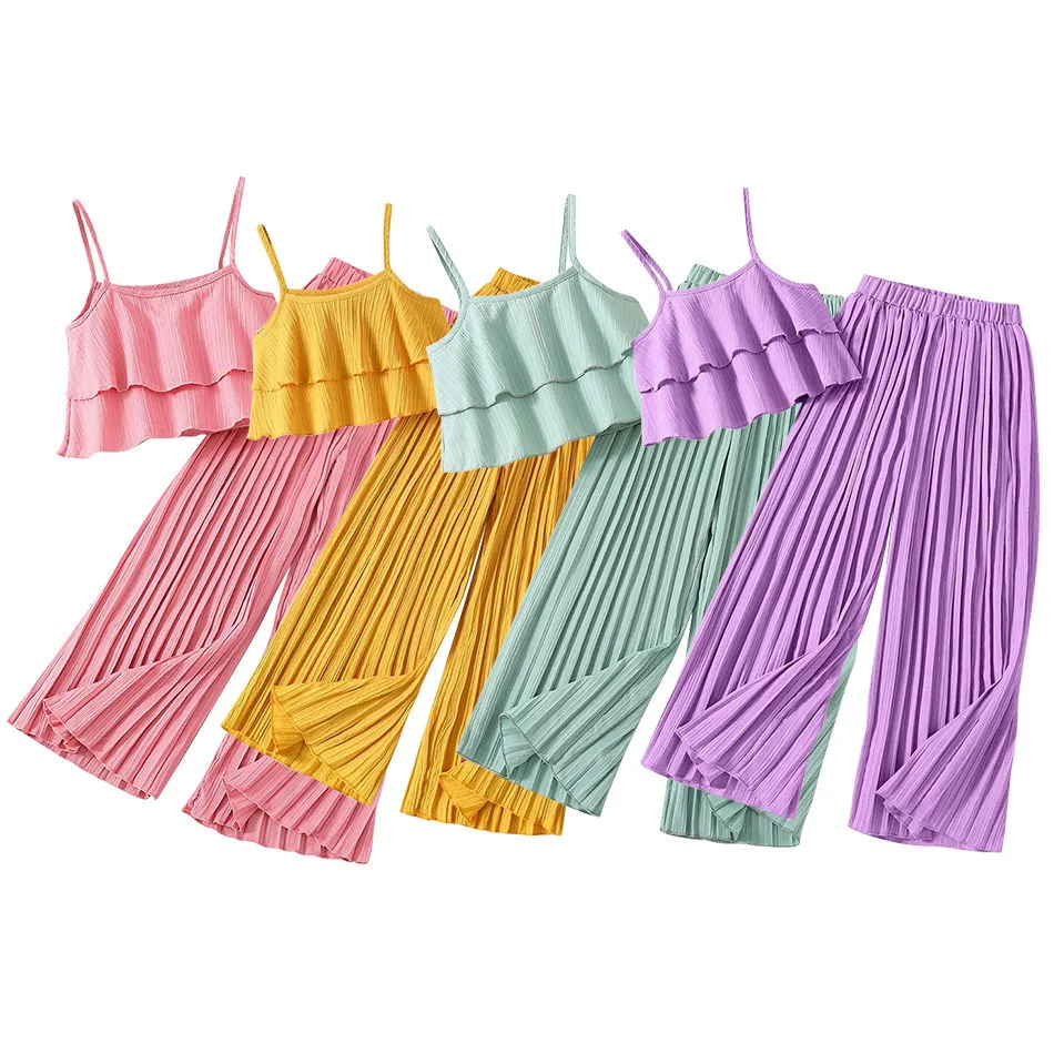 8-12Y Girls Clothing Set Short Solid Color Suspender Small Shirt Casual Wide Leg Long Pants Girls Set Summer Girl Refreshing Set