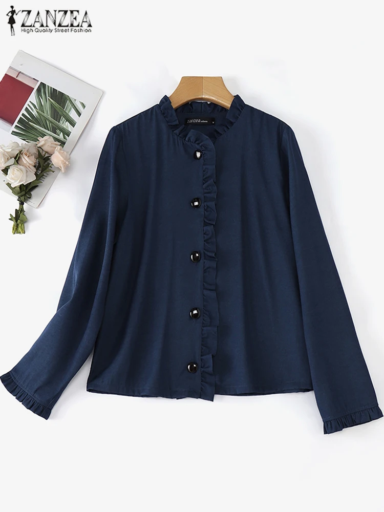 

ZANZEA Elegant Women Ruffled Blouse Long Sleeve Shirts 2025 Fashion Casual Stylish Button-Down Outerwear Cardigan Coats Feminina
