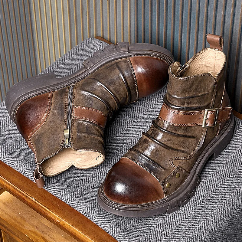 Must Get ! Handmade Punk Men Motorcycle Wrinkle Boots Cool Male Genuine Leather Chelsea Buckle Belt Autumn Winter Shoes