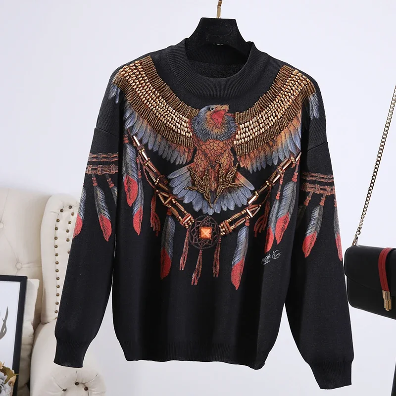 

Heavy Work Beaded Eagle Pattern Print Women Black Knit Sets Long sleeve Pullover Top Pencil Pant Female Casual Tracksuit Outfits