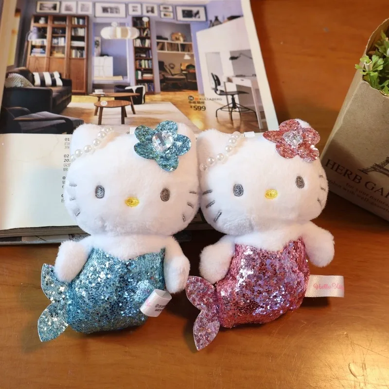 Sanrio Shiny Mermaid Hello Kitty Plush doll Keychains blink pink Kitty cat toy Pendant Anime Cartoon Mermaid Plushie Key ring