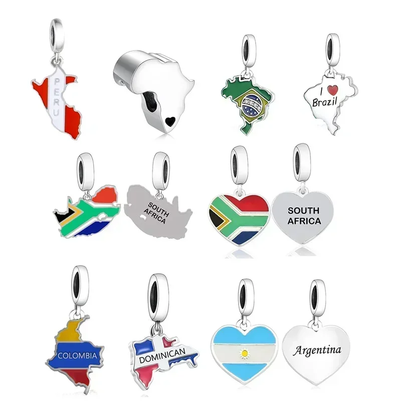 Prawdziwe srebro próby 925 Pasuje do oryginalnej bransoletki Pan Charms Kolor emalii KOLUMBIA Flaga Mapa Koralik do robienia kobiet Berloque DIY