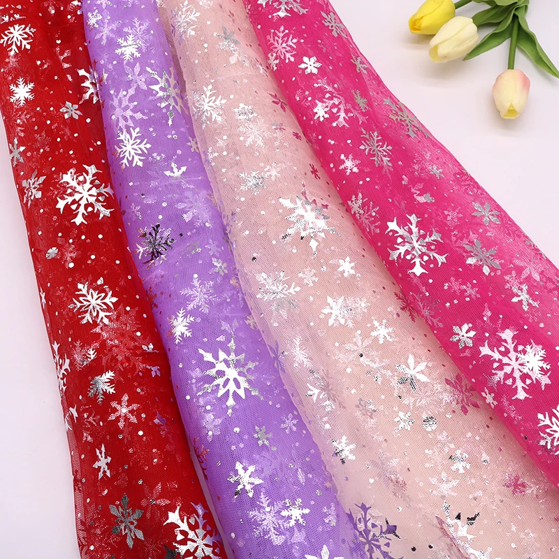 100x150cm Silver Snowflake Hot Stamping Tulle Fabric Mesh Fabric for Dress Skirt Lace Net Fabric Gauze Apparel Cloth DIY Sewing