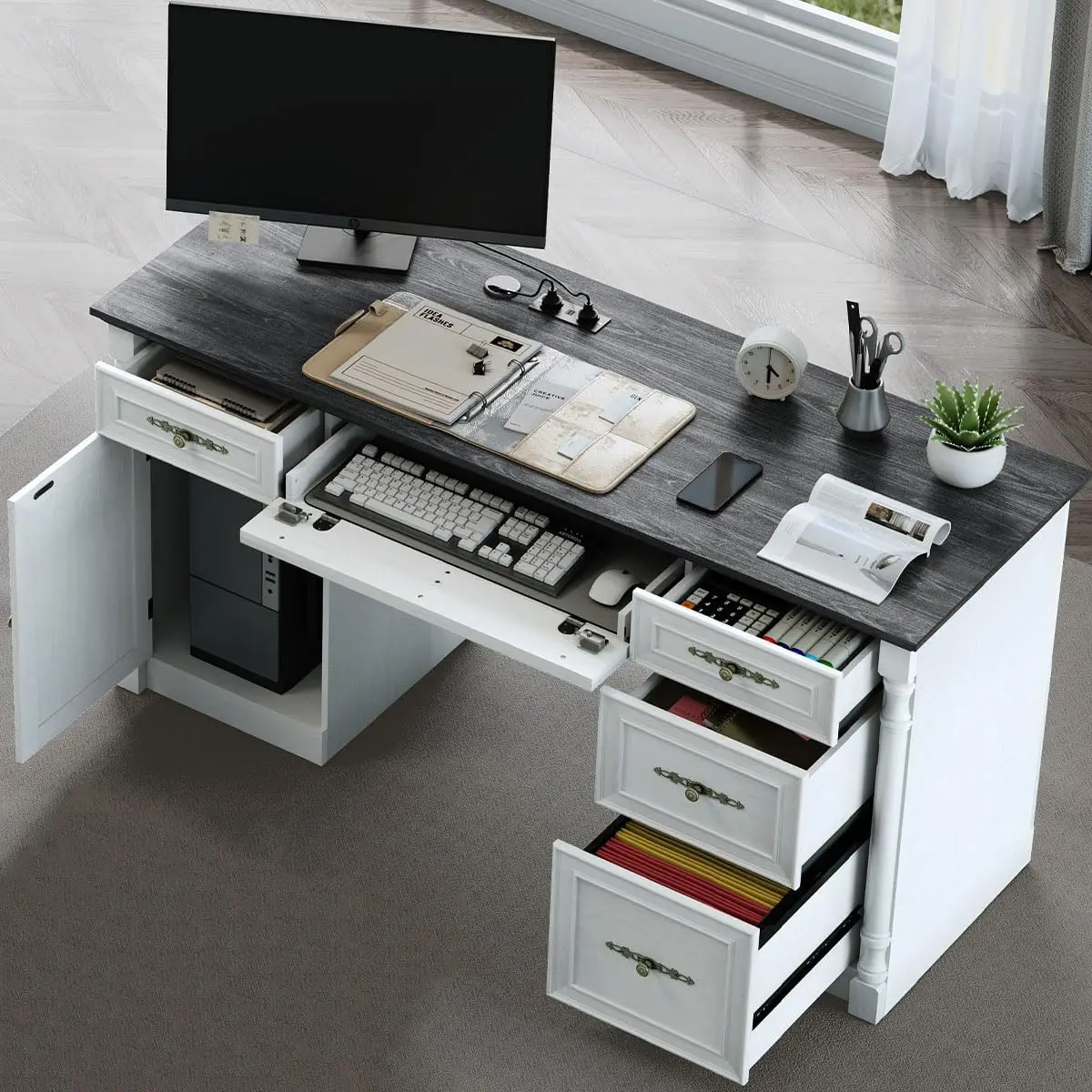 Farmhouse Executive Desk with Storage & File Cabinet, 60